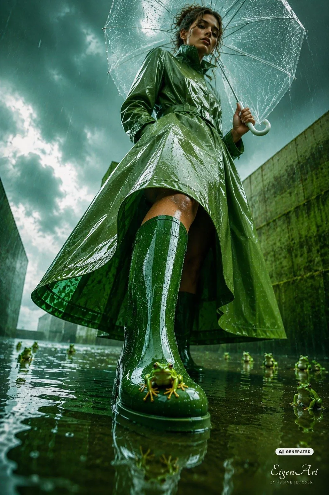 After the Rain — Frau im grünen Regenmantel mit Schirm, Frösche auf den Stiefeln und im Wasser