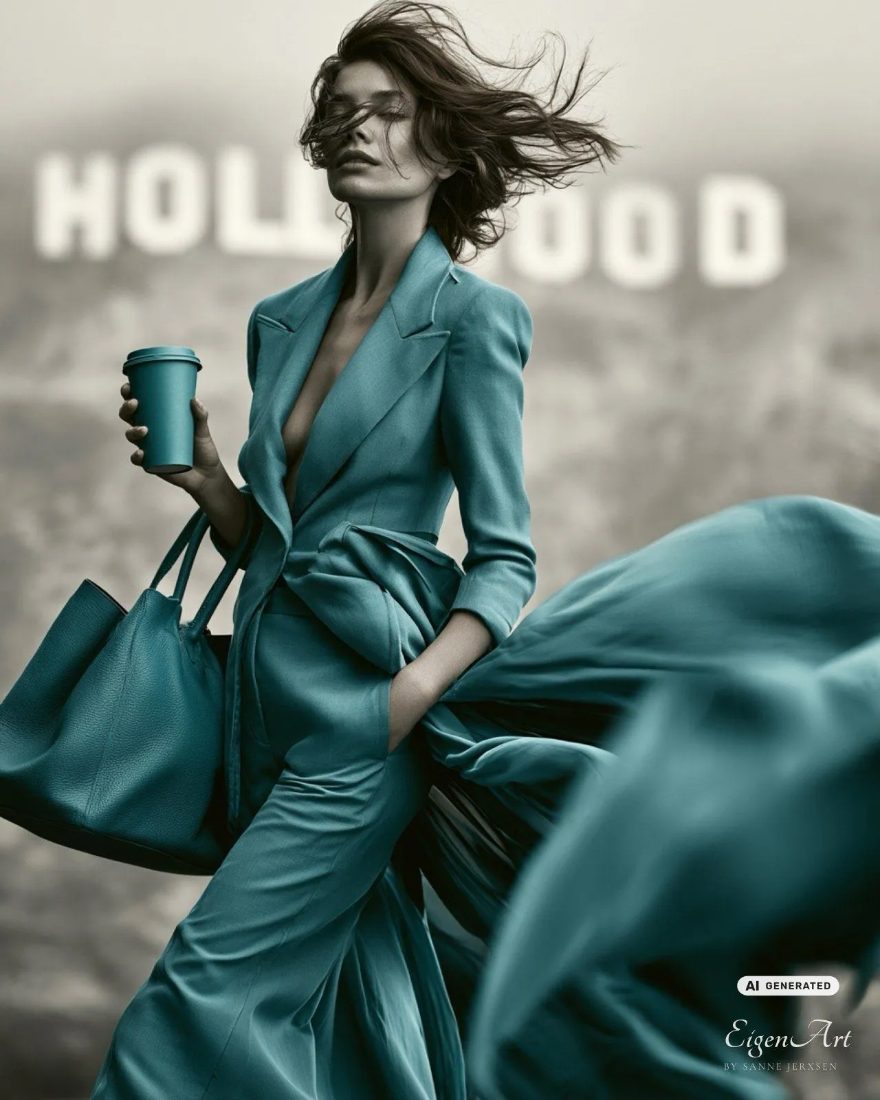 Frau in Türkis vor Hollywood-Kulisse