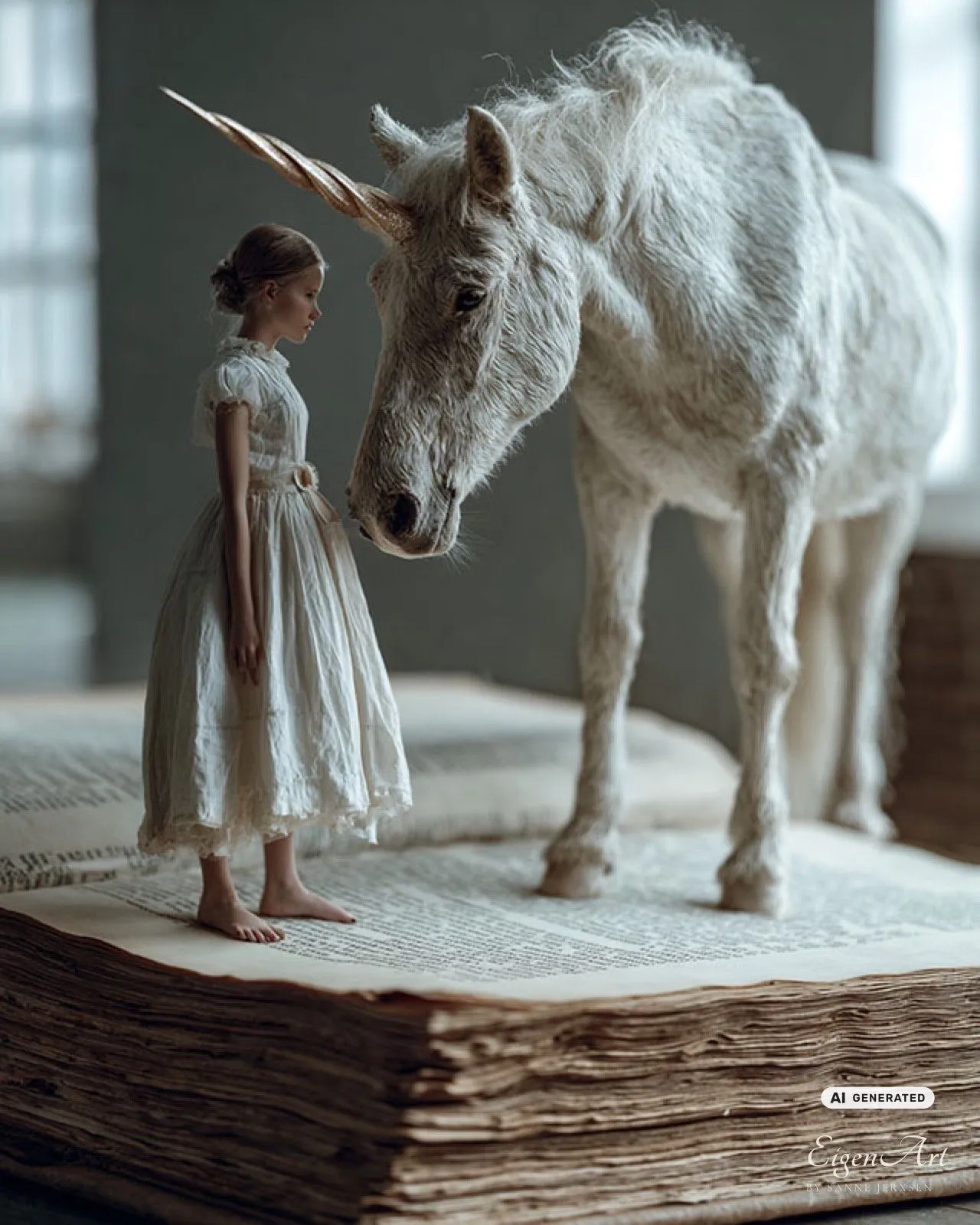 Between Pages — Mädchen auf einem Buch mit surrealem Einhorn