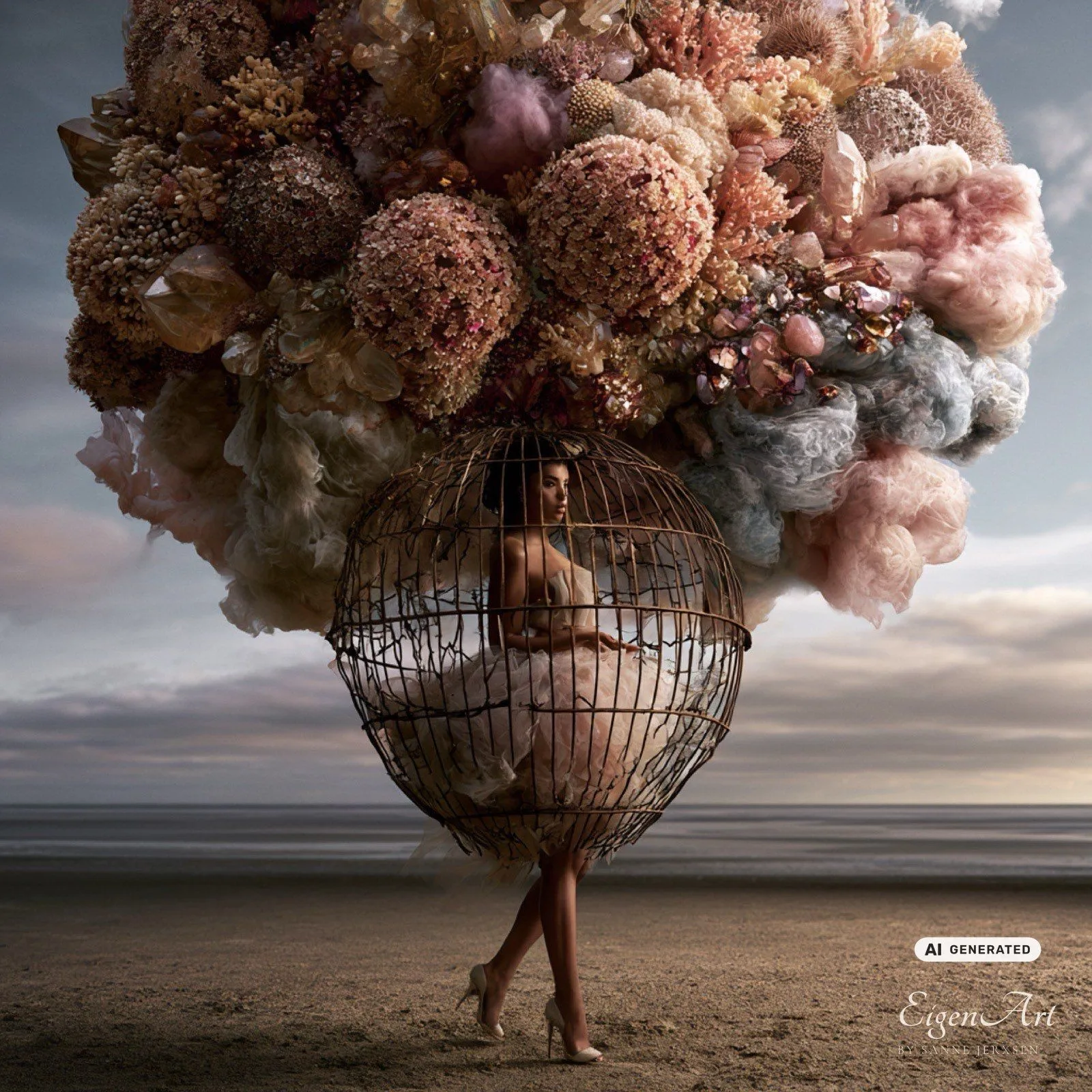 What Grew Inside a Cage — Frau im Käfig-Rock am Meer, über ihr eine gewaltige Blütenwolke