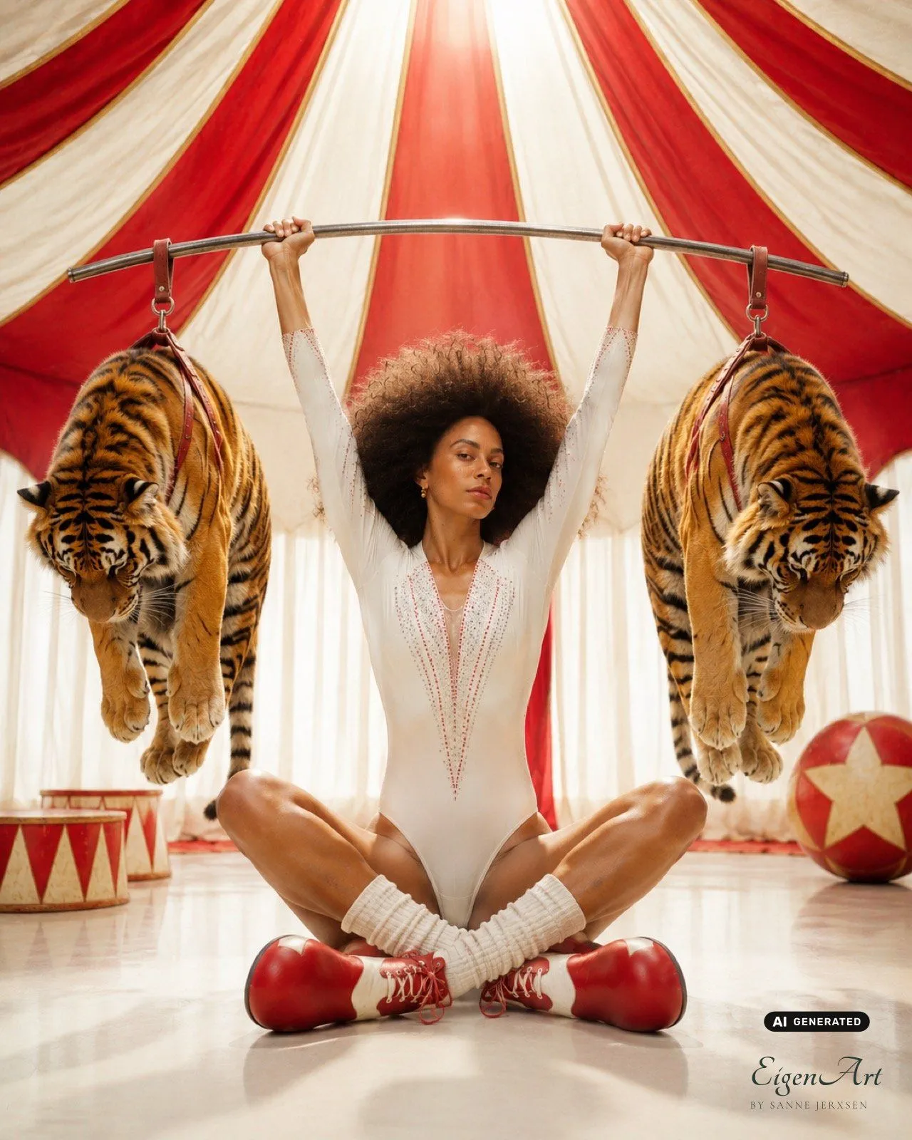 Carnival Gym — Frau balanciert zwei Tiger als Gewichte über einer Hantelstange im Zirkuszelt, Signature-Motiv der Serie