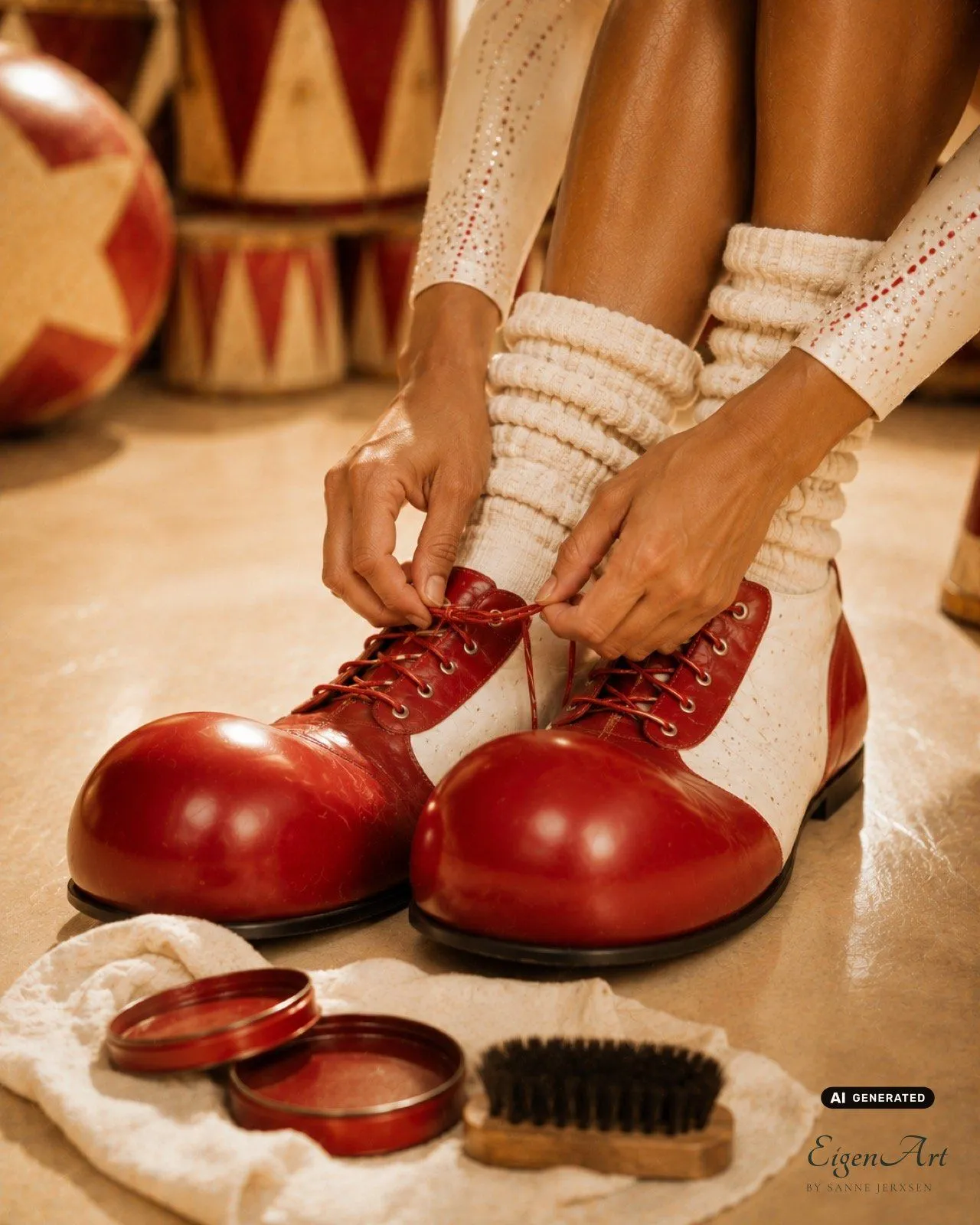 Nahaufnahme von Händen, die rote Clownschuhe schnüren