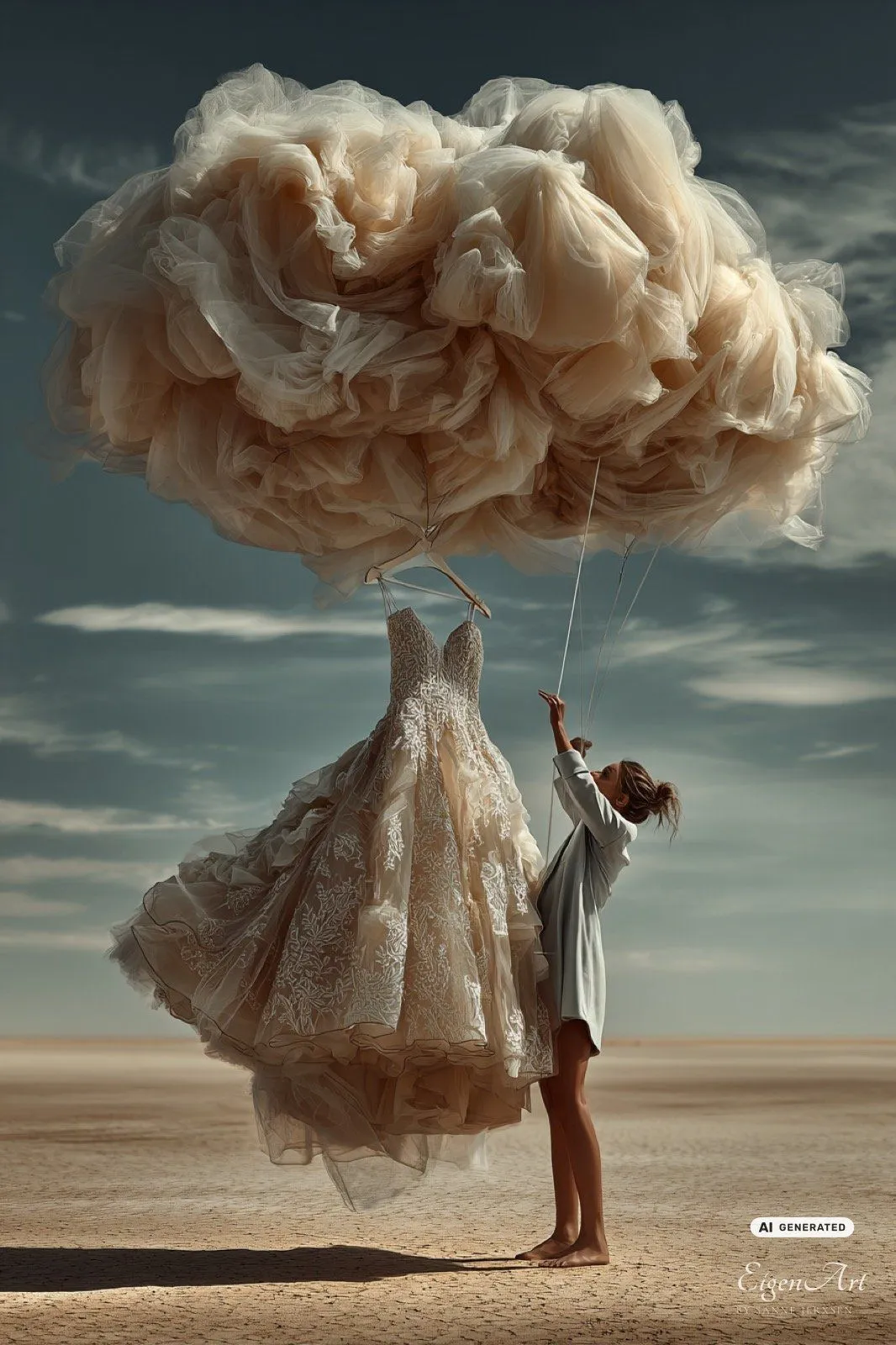 Cloud Tailor — aus einer riesigen Tüll-Wolke entsteht an einem Kleiderbügel ein Brautkleid, eine Frau greift nach den Fäden, Signature-Motiv der Serie