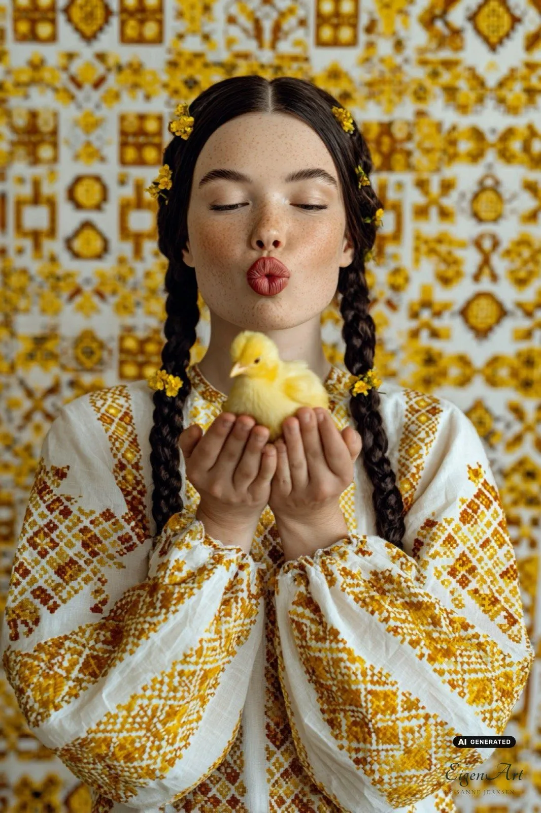Easter — sorbische Stickmuster in Gelb und Gold, Kleid geht in die Tapete über