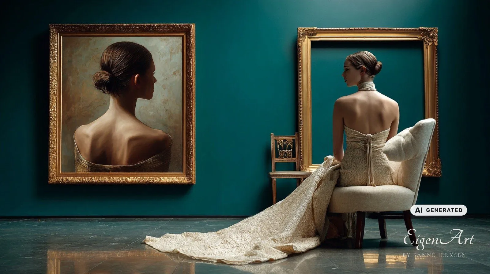Beyond the Frame — Frau mit Rücken zur Kamera vor einem leeren Goldrahmen neben einem Gemälde, das exakt ihre Pose zeigt, Signature-Motiv der Serie