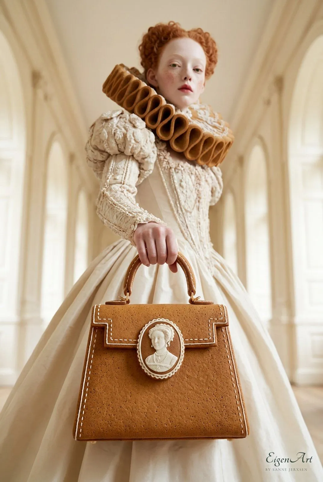 Frau in elfenbeinfarbenem Renaissance-Kleid mit gewelltem Lebkuchenkragen hält in einer hellen Bogengalerie eine Handtasche aus Lebkuchen mit weißer Ziernaht und einer Kamee mit Frauenporträt