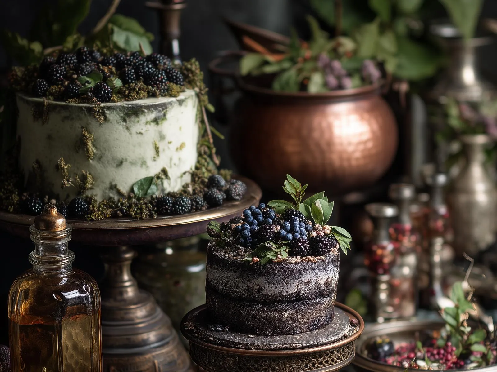Grimoire der Sinne — mystisch inszenierte Torten mit Beeren, Moos und Kupferkessel