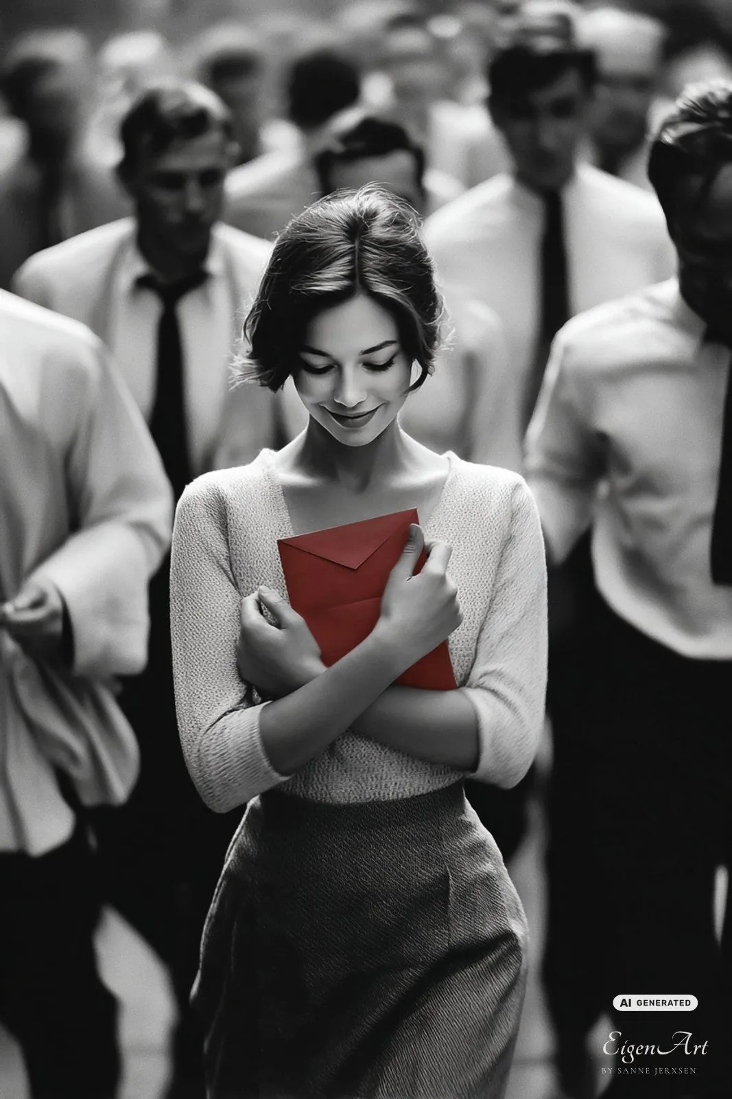 It's Friday I'm in Love — junge Frau in einer Menschenmenge, die lächelnd einen roten Briefumschlag an ihr Herz drückt; alles schwarzweiß außer dem leuchtend roten Umschlag