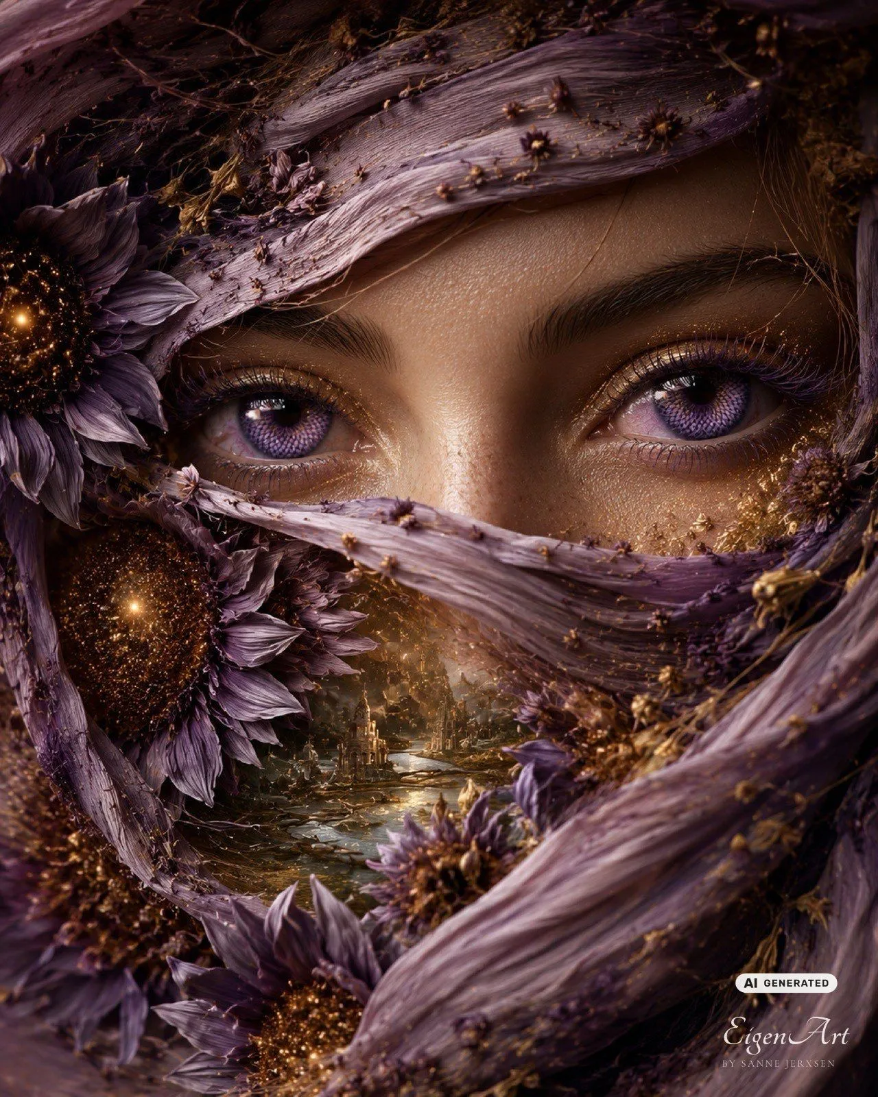 Verschleierte Frau mit Lavendel-Sonnenblumen als Augen