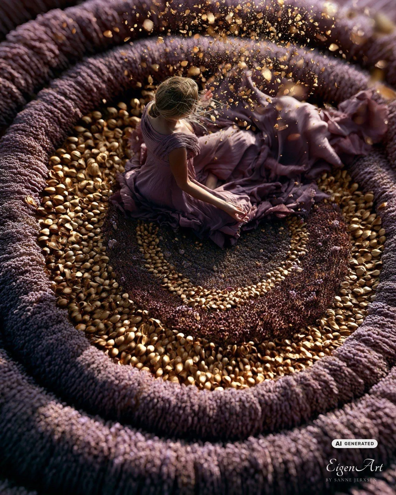 Frau in gewebtem Nest aus Lavendel und Gold von oben