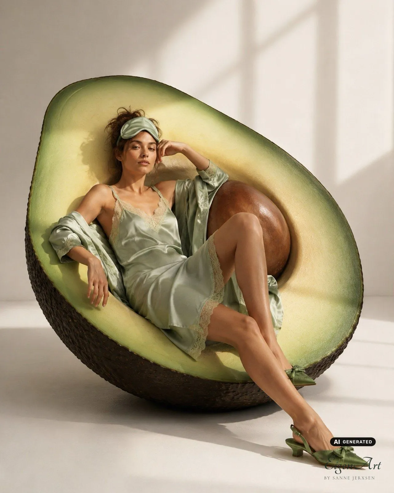 Model in Riesen-Avocado als Sessel