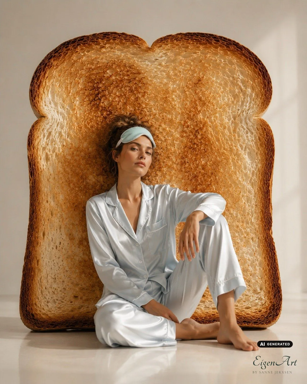 Frau im Seidenpyjama vor riesiger Toastscheibe