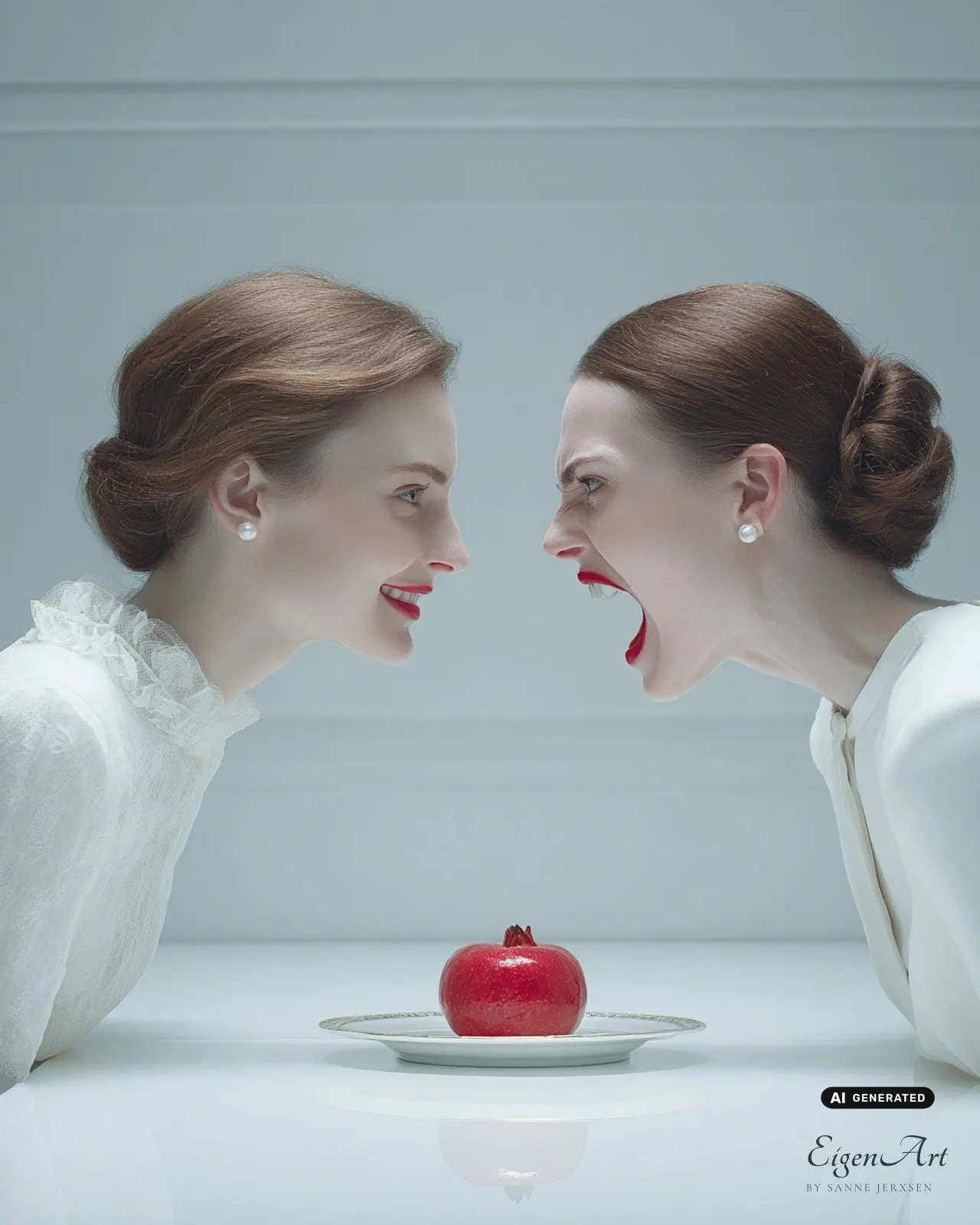 One Man's Meat Is Another Man's Poison — zwei Frauen und ein Granatapfel, Rot nur auf Lippen und Frucht