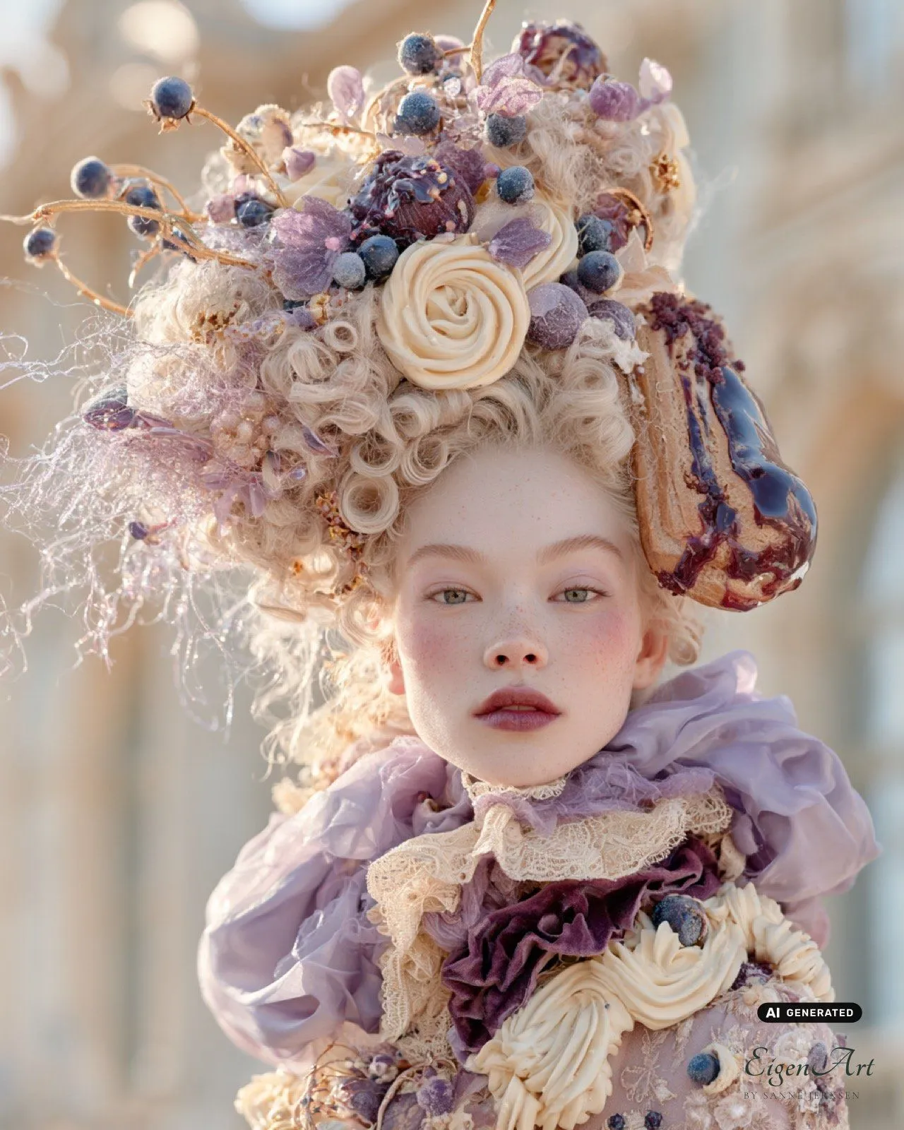 Patisserie Couture — Porträt einer Frau mit heller Lockenperücke, Heidelbeeren, Sahnerosen und einem glasierten Éclair im Haar, in lavendelfarbener Rüschenrobe