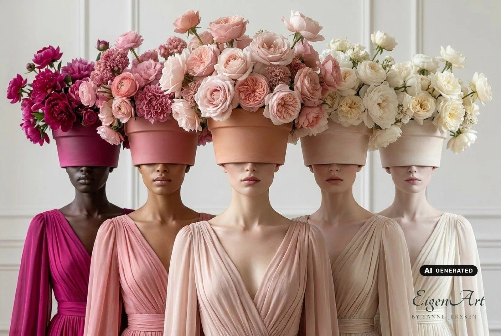 Gruppe von Modellen in Rosé bis Fuchsia mit Blumentopf-Kopfbedeckungen