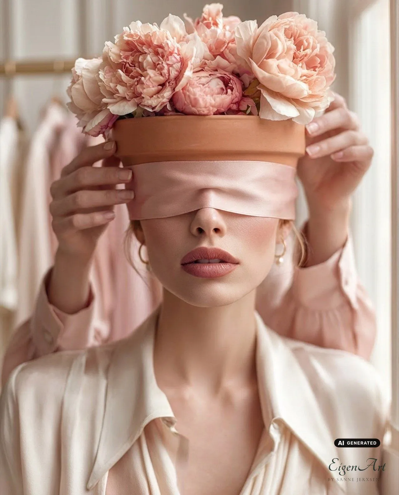 The Potted Plants — Frau mit Blumentopf-Kopfbedeckung aus Pfingstrosen und rosa Augenband, Signature-Motiv der Serie