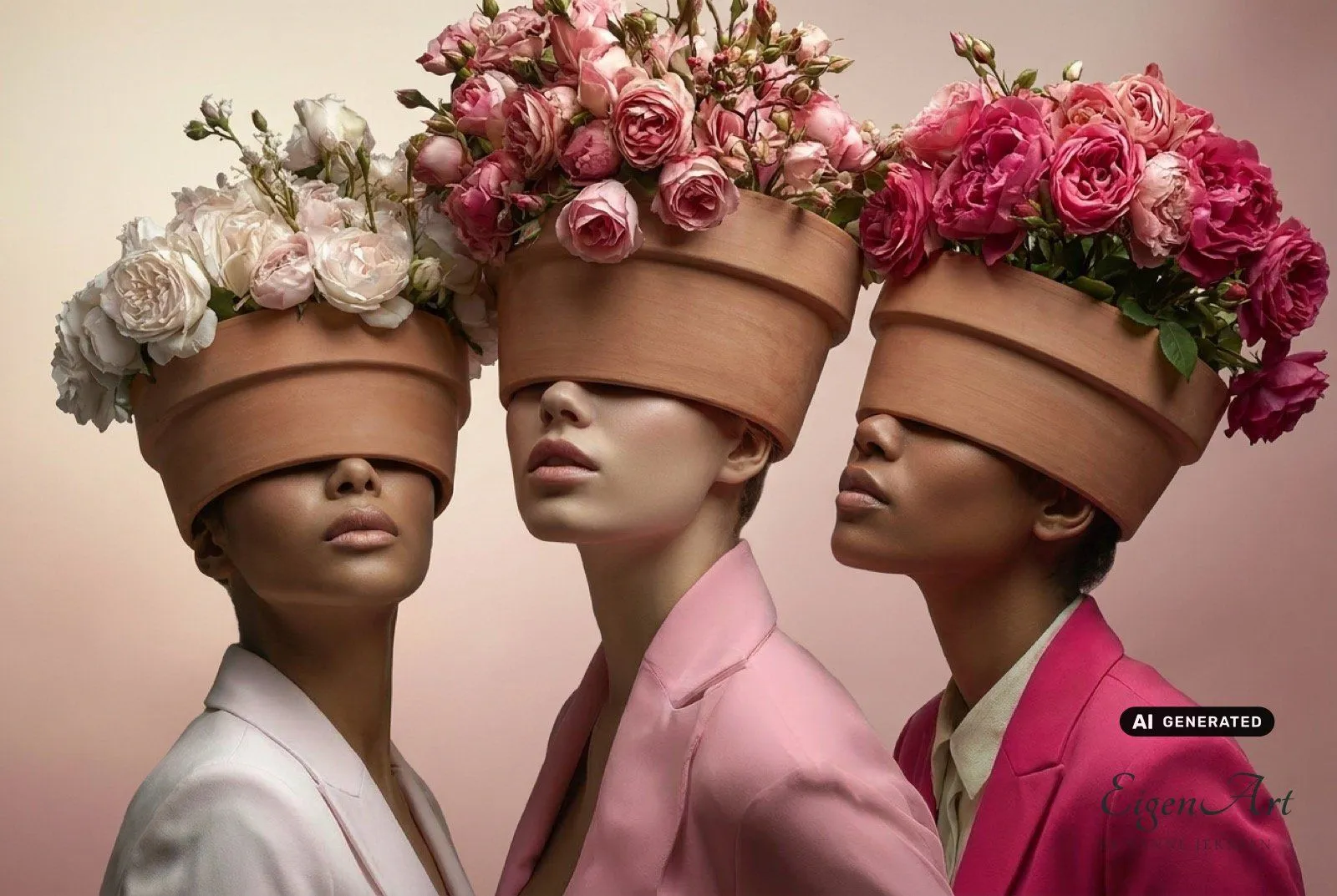 Drei Figuren mit floralen Topf-Kopfbedeckungen im Farbverlauf von Rosé bis Fuchsia