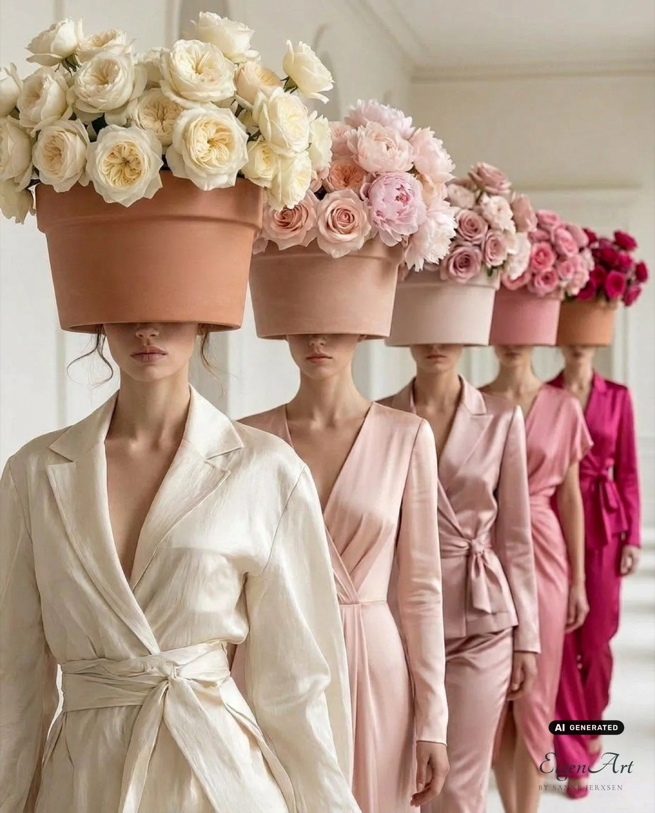 Reihe von Modellen mit Blumentopf-Kopfbedeckungen in Rosé- und Cremetönen auf einem Laufsteg