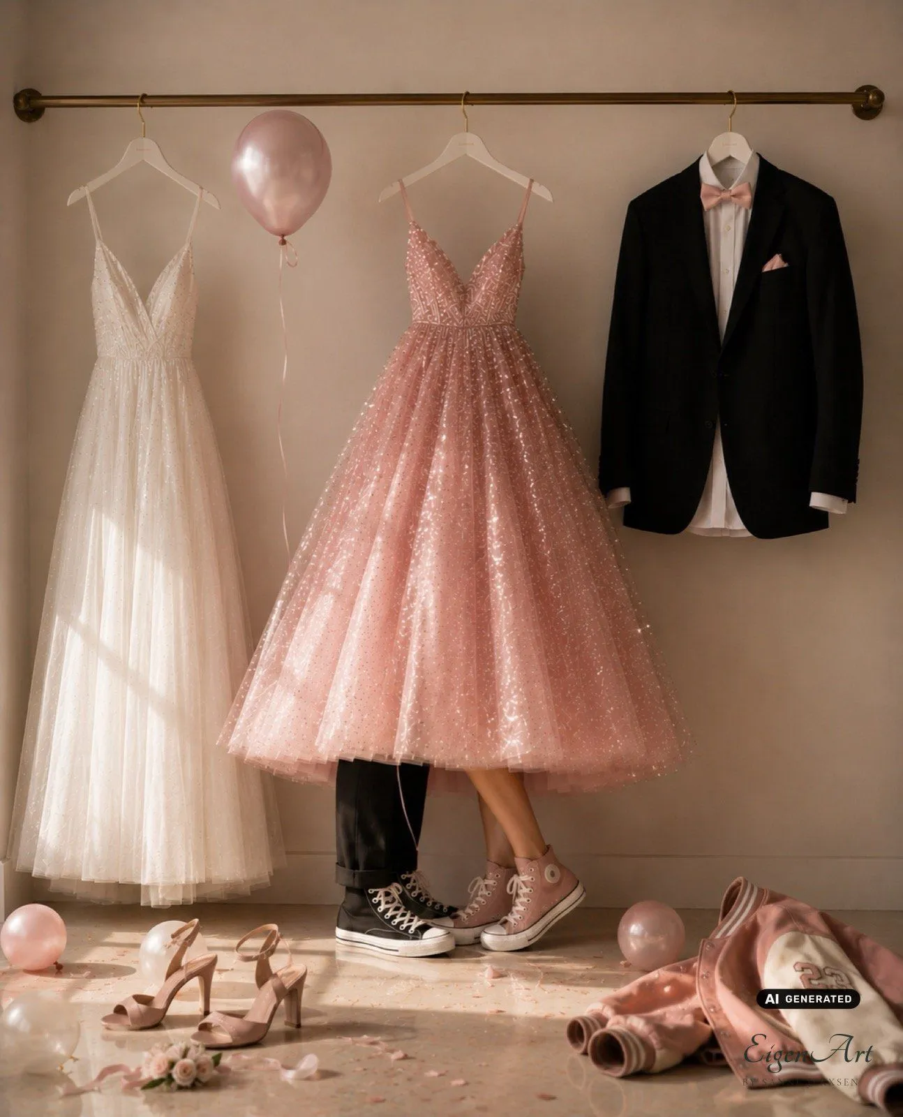 Prom — Turnschuhe unter Petticoat, Konfetti auf dem Abschlussball