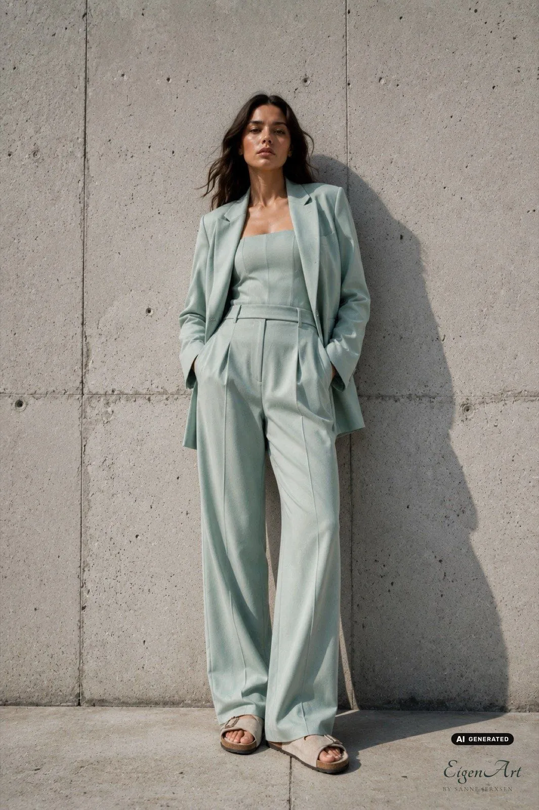 The Sage Edit — Model im salbeigrünen Anzug vor Betonarchitektur, Hero-Shot des Editorials