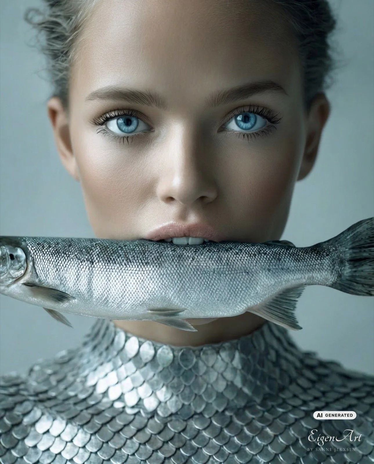 The Silence of the Sea — Nahaufnahme mit einem Fisch quer im Mund, eisblaue Augen, Schuppen-Couture, Signature-Motiv der Serie