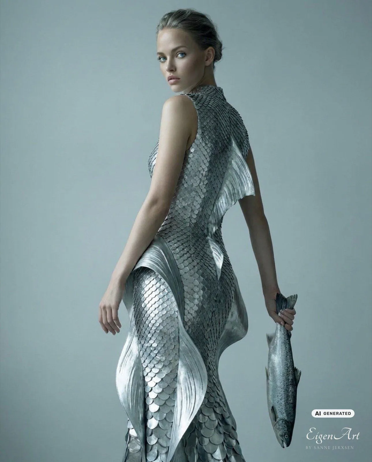 Model in silberner Schuppen-Robe von hinten, einen Fisch wie eine Clutch haltend
