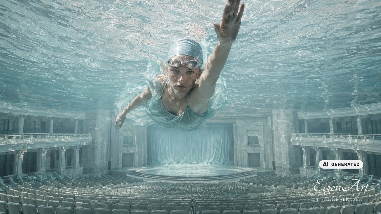Schwimmerin gleitet unter Wasser über die leeren Sitzreihen eines gefluteten Theatersaals auf die Bühne zu