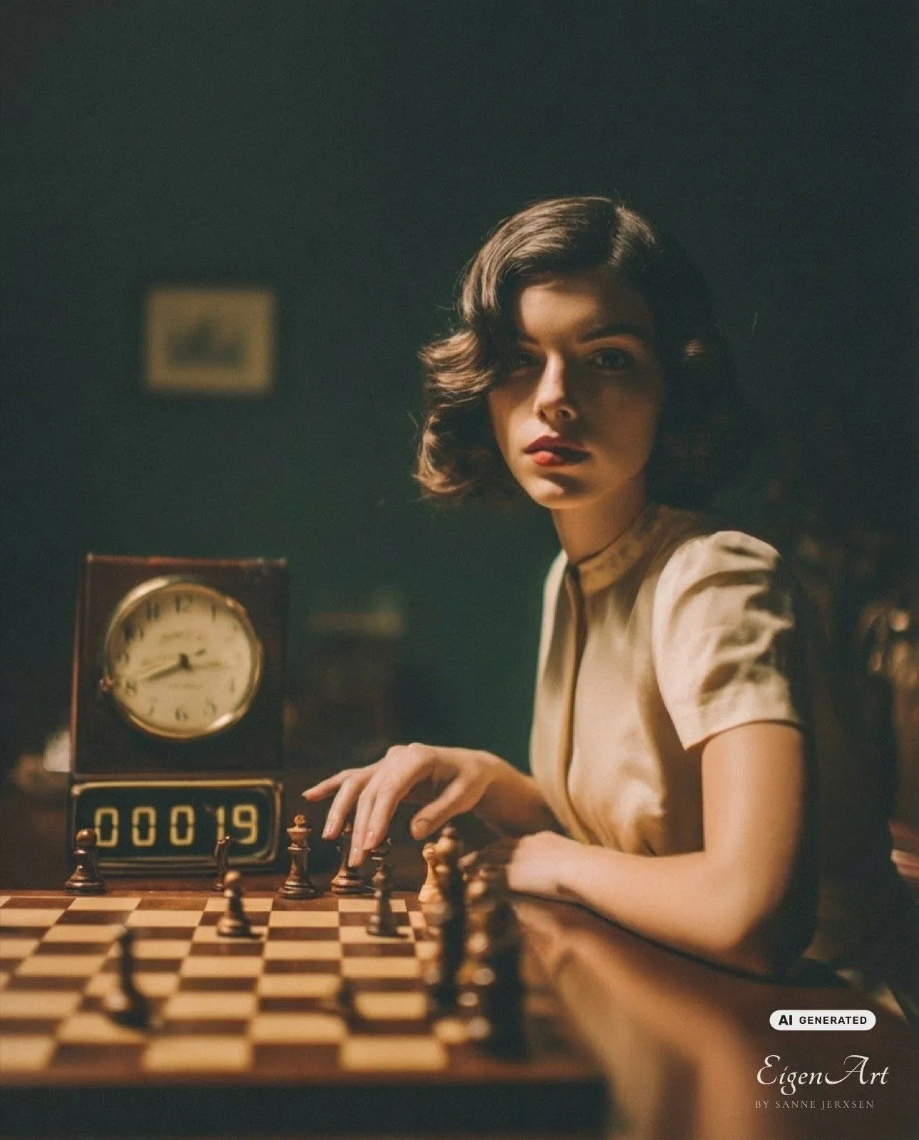 The Eleventh Hour — Frau am Schachbrett mit Vintage-Schachuhr, eine Szene über Zeit