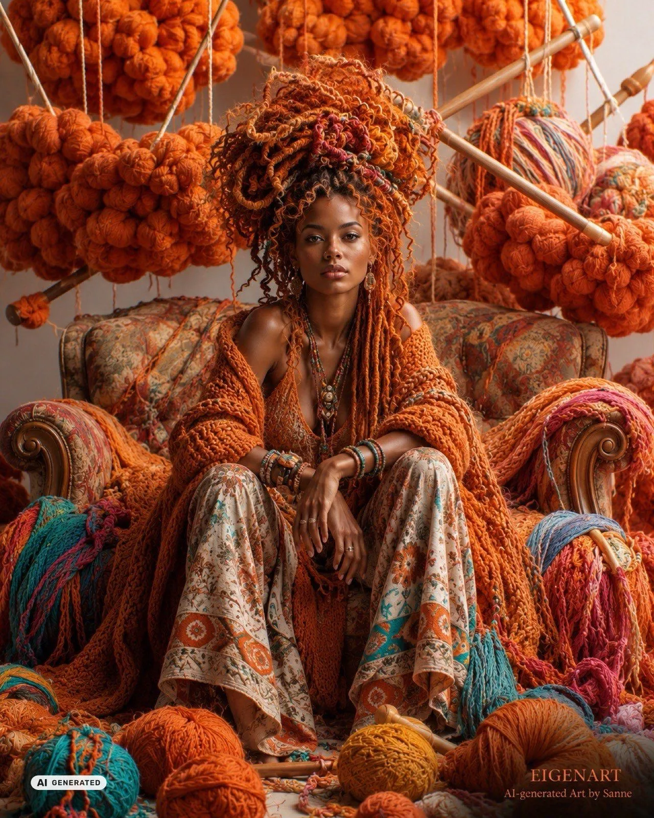 Frau in orangefarbener Strickwelt mit bunten Wollknäueln
