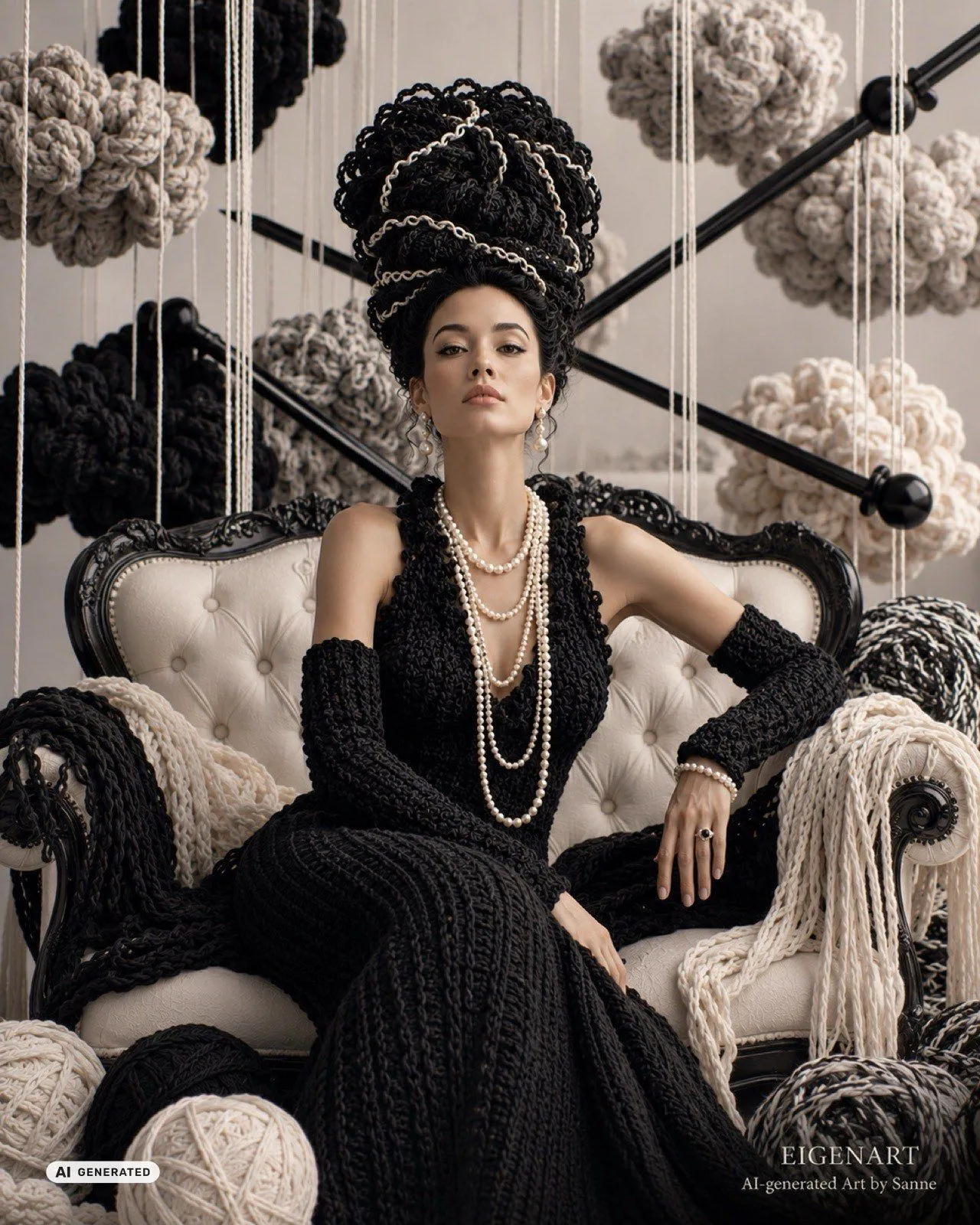 Frau in schwarzer Strick-Couture mit Perlenketten