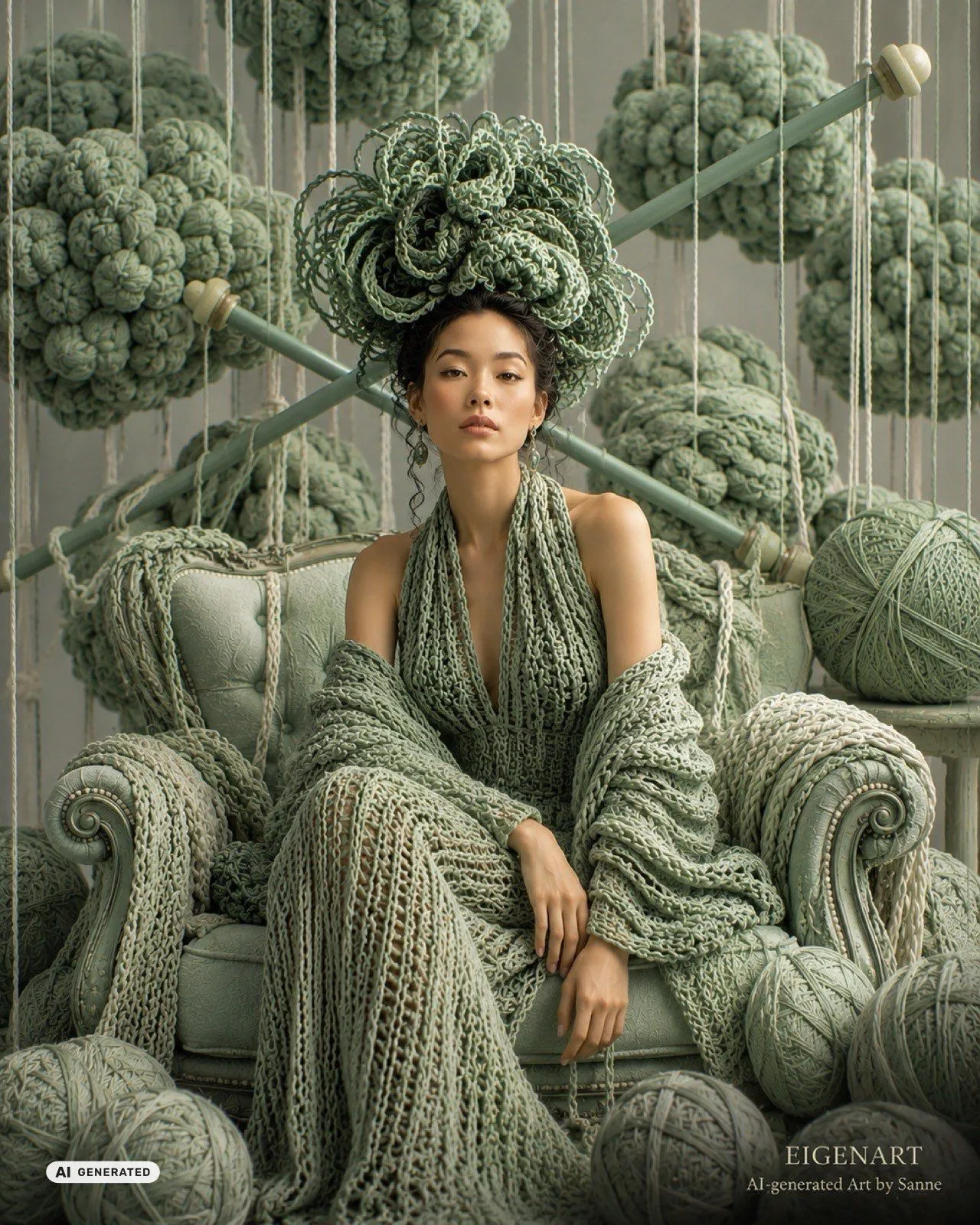 Threads of Identity in Salbeigrün — Figur wächst aus gestrickter Sage-Welt hervor