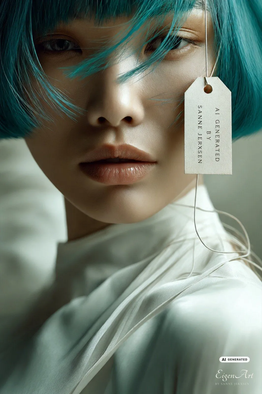 VISIBLE — Nahaufnahme mit türkisfarbenem Haar und einem Etikett „AI generated by Sanne Jerxsen" an einer Schnur, Signature-Motiv der Serie