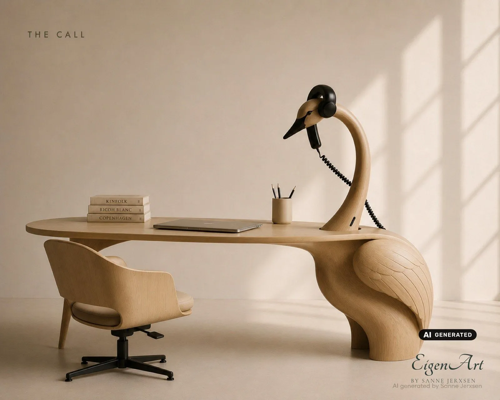 Workplace Stories — Schreibtisch in Schwanenform mit Kopfhörer-Telefonhörer als Schnabel, Signature-Motiv der Serie