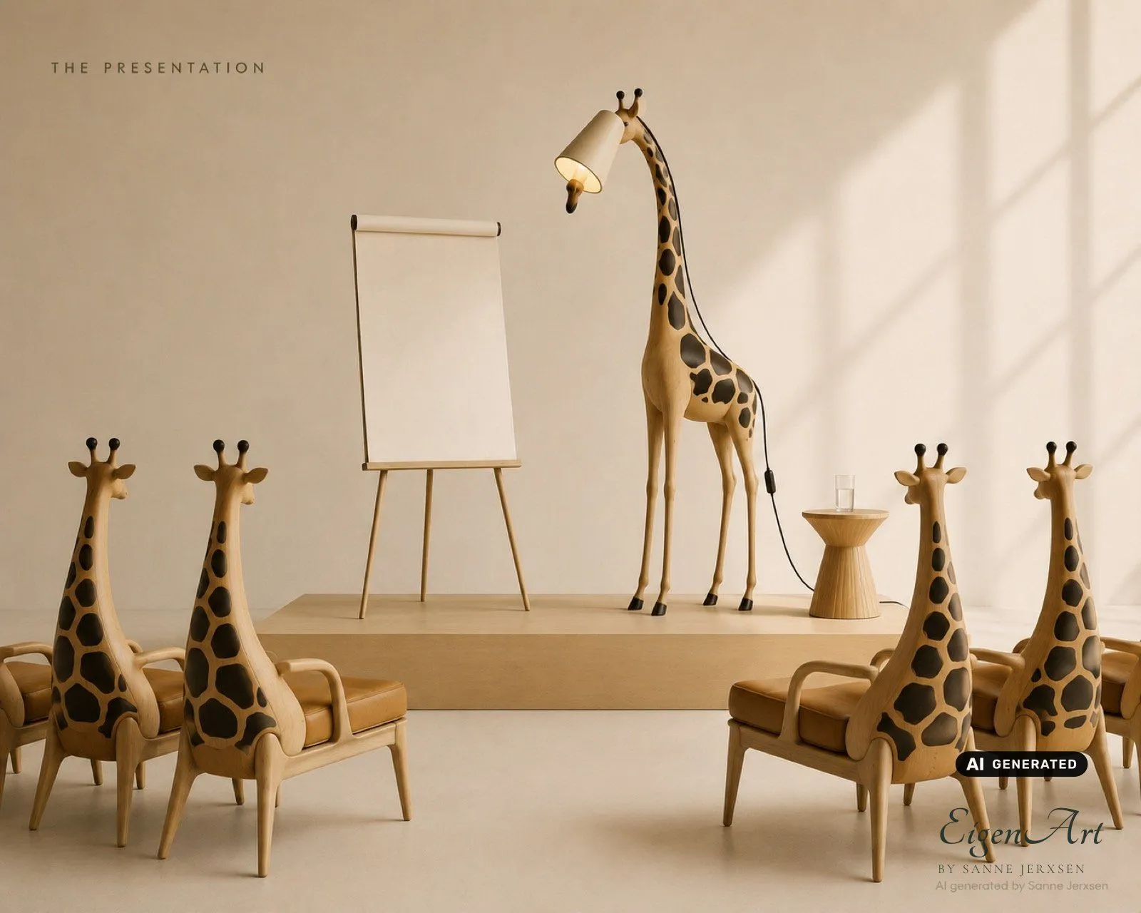 Giraffenförmige Stehlampe vor einem Flipchart, umgeben von Sesseln mit Giraffen-Lehnen