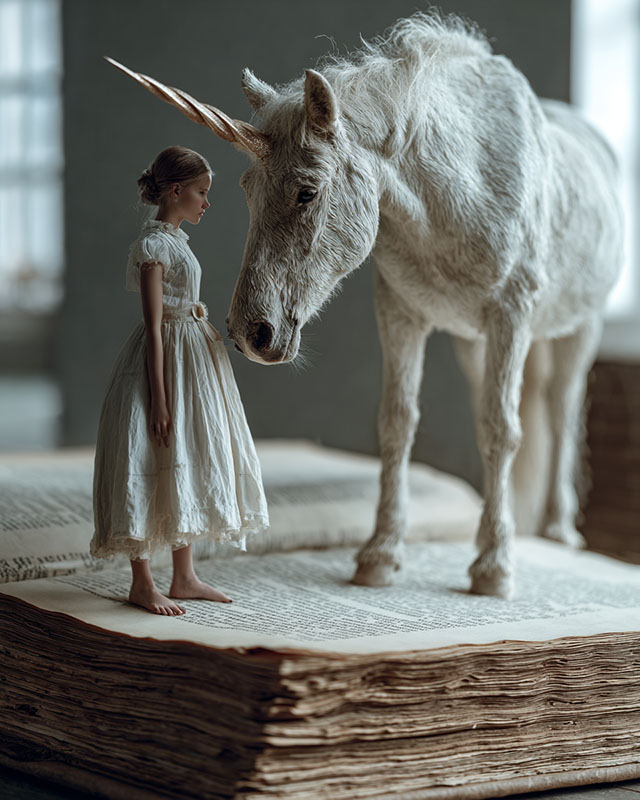 Between the Pages Einhorn auf Buchseiten — Sanne Jerxsen KI-Kunst